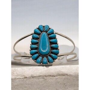 Artisan Turquoise Cluster Cuff Bracelet Sterling Silver Native Style